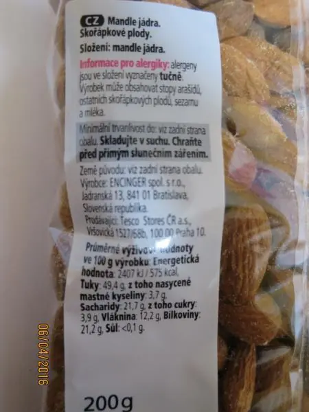 Nebezpečný výrobek: TESCO mandle Jádra 200g